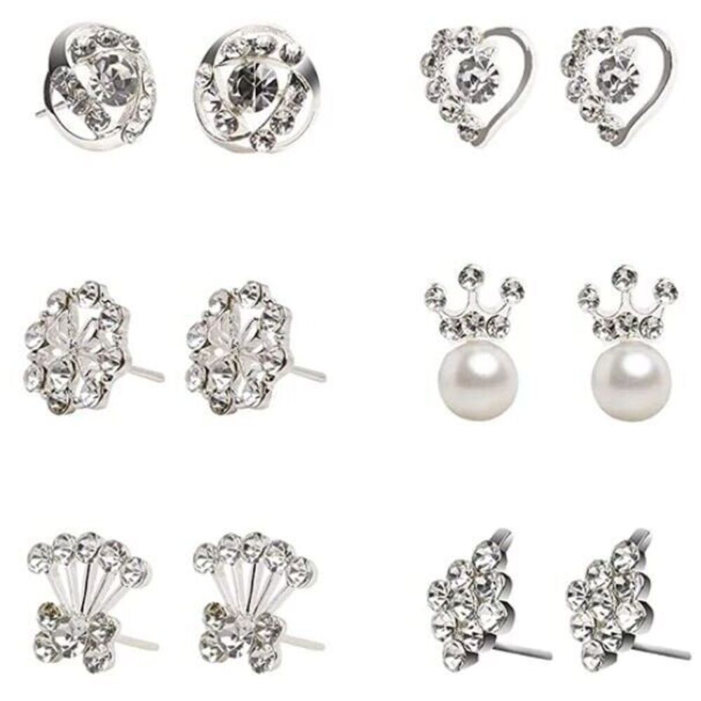 New CZ Silver Stud Earrings Set of 6 Pairs Boxed Gift Circle Crown Heart Diamond